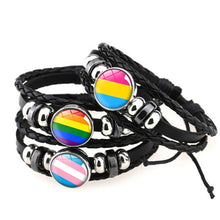 Load image into Gallery viewer, Pride Glass Buckle Charm Bracelet Rainbow Flag Gay Jewelry Handmade DIY Beaded Weave Black Leather
