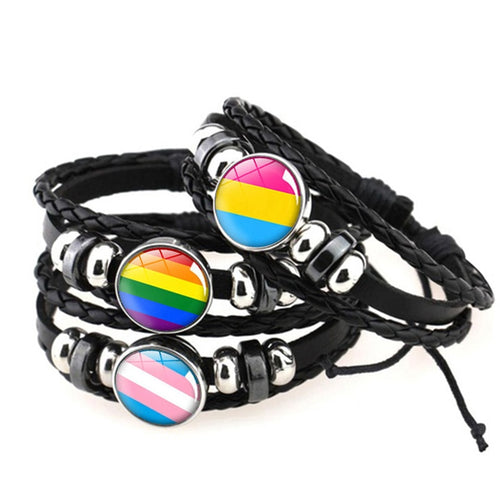 Pride Glass Buckle Charm Bracelet Rainbow Flag Gay Jewelry Handmade DIY Beaded Weave Black Leather