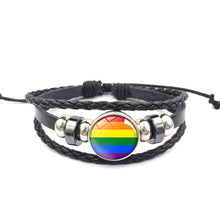 Load image into Gallery viewer, Pride Glass Buckle Charm Bracelet Rainbow Flag Gay Jewelry Handmade DIY Beaded Weave Black Leather