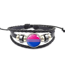 Load image into Gallery viewer, Pride Glass Buckle Charm Bracelet Rainbow Flag Gay Jewelry Handmade DIY Beaded Weave Black Leather