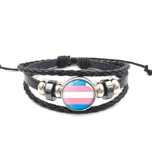 Load image into Gallery viewer, Pride Glass Buckle Charm Bracelet Rainbow Flag Gay Jewelry Handmade DIY Beaded Weave Black Leather