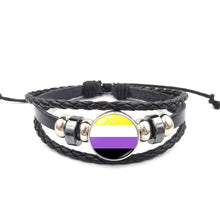 Load image into Gallery viewer, Pride Glass Buckle Charm Bracelet Rainbow Flag Gay Jewelry Handmade DIY Beaded Weave Black Leather