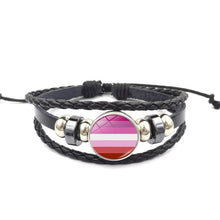 Load image into Gallery viewer, Pride Glass Buckle Charm Bracelet Rainbow Flag Gay Jewelry Handmade DIY Beaded Weave Black Leather