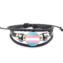 Load image into Gallery viewer, Pride Glass Buckle Charm Bracelet Rainbow Flag Gay Jewelry Handmade DIY Beaded Weave Black Leather