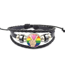 Load image into Gallery viewer, Pride Glass Buckle Charm Bracelet Rainbow Flag Gay Jewelry Handmade DIY Beaded Weave Black Leather