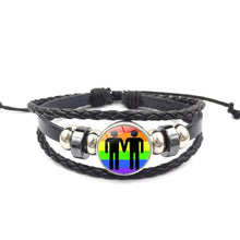 Load image into Gallery viewer, Pride Glass Buckle Charm Bracelet Rainbow Flag Gay Jewelry Handmade DIY Beaded Weave Black Leather