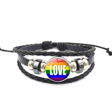 Load image into Gallery viewer, Pride Glass Buckle Charm Bracelet Rainbow Flag Gay Jewelry Handmade DIY Beaded Weave Black Leather