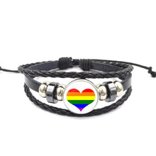 Load image into Gallery viewer, Pride Glass Buckle Charm Bracelet Rainbow Flag Gay Jewelry Handmade DIY Beaded Weave Black Leather