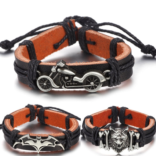 Vintage Motorcycle Batman Leather Bracelet For Men and Women Handmade Weave Rope Charm Wristband Jewelry Accessories Friend Gift