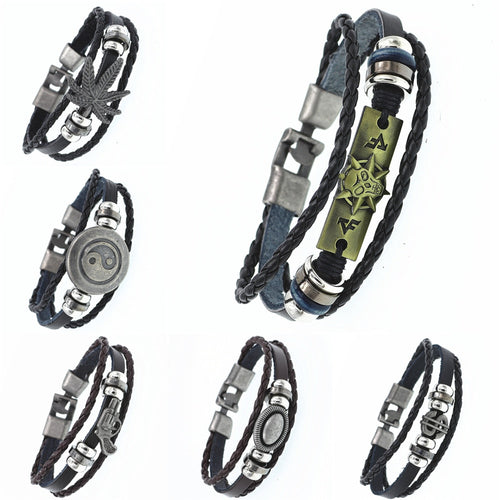 Handmade Adjustable Multilayer Wide Genuine Leather Cuff Bracelet Men Bohemian Vintage  Leaves gun Charm Bracelets