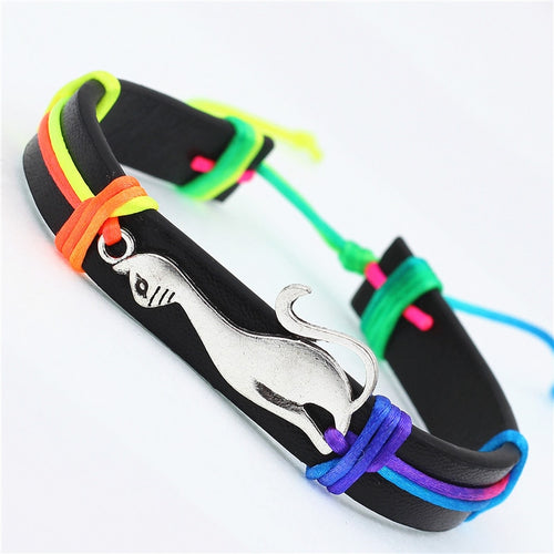 Antique Silver Cute Cat Charms  PU Leather Bracelets Lovely Animal handmade Braid  colorful Jewelry kids Gifts